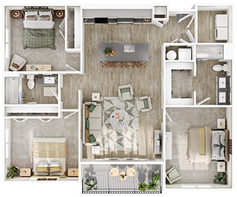 Floor plan for 3 beds, 2 baths, 1369 sqft